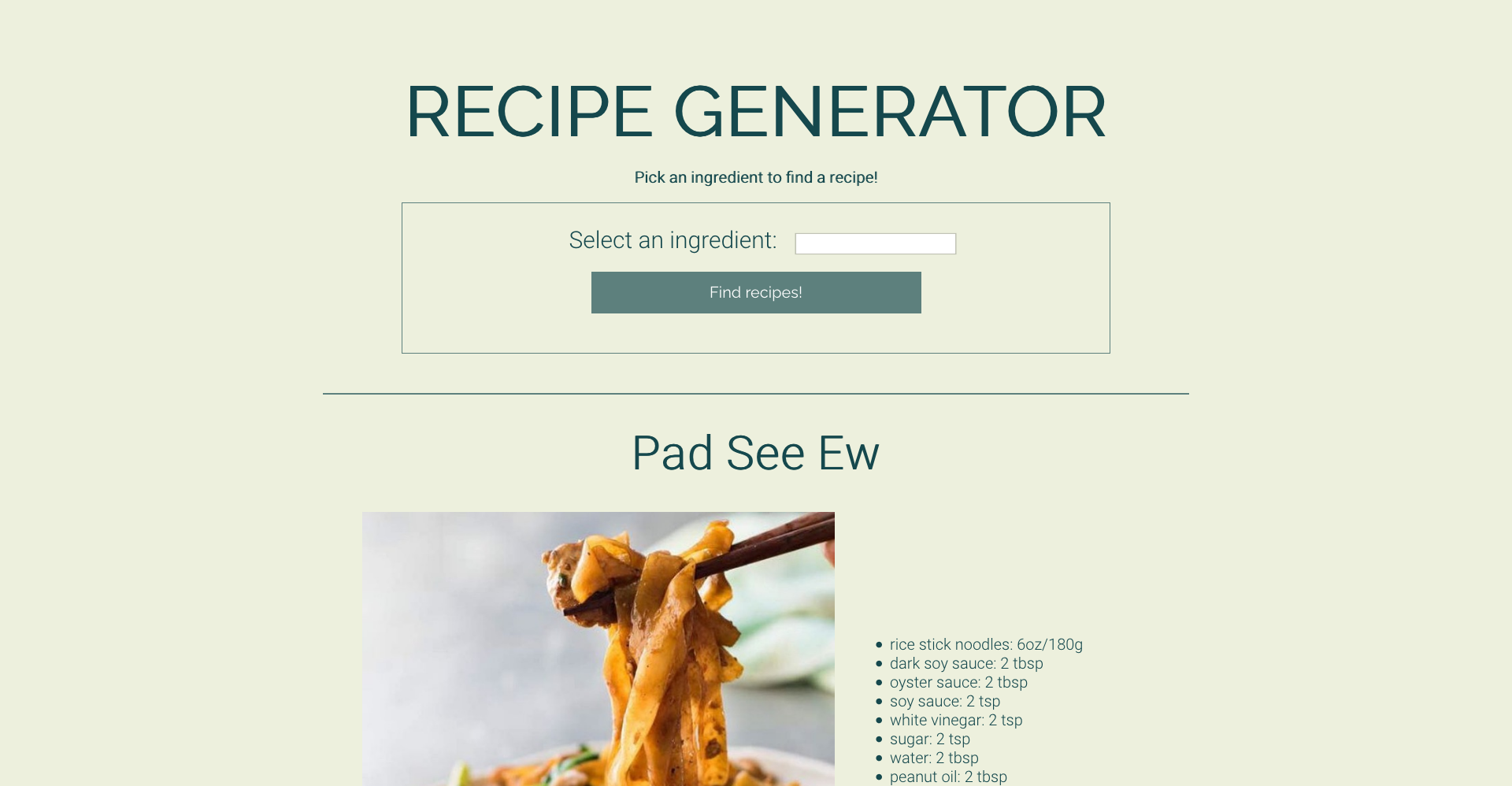 Screenshot of the recipe generator app