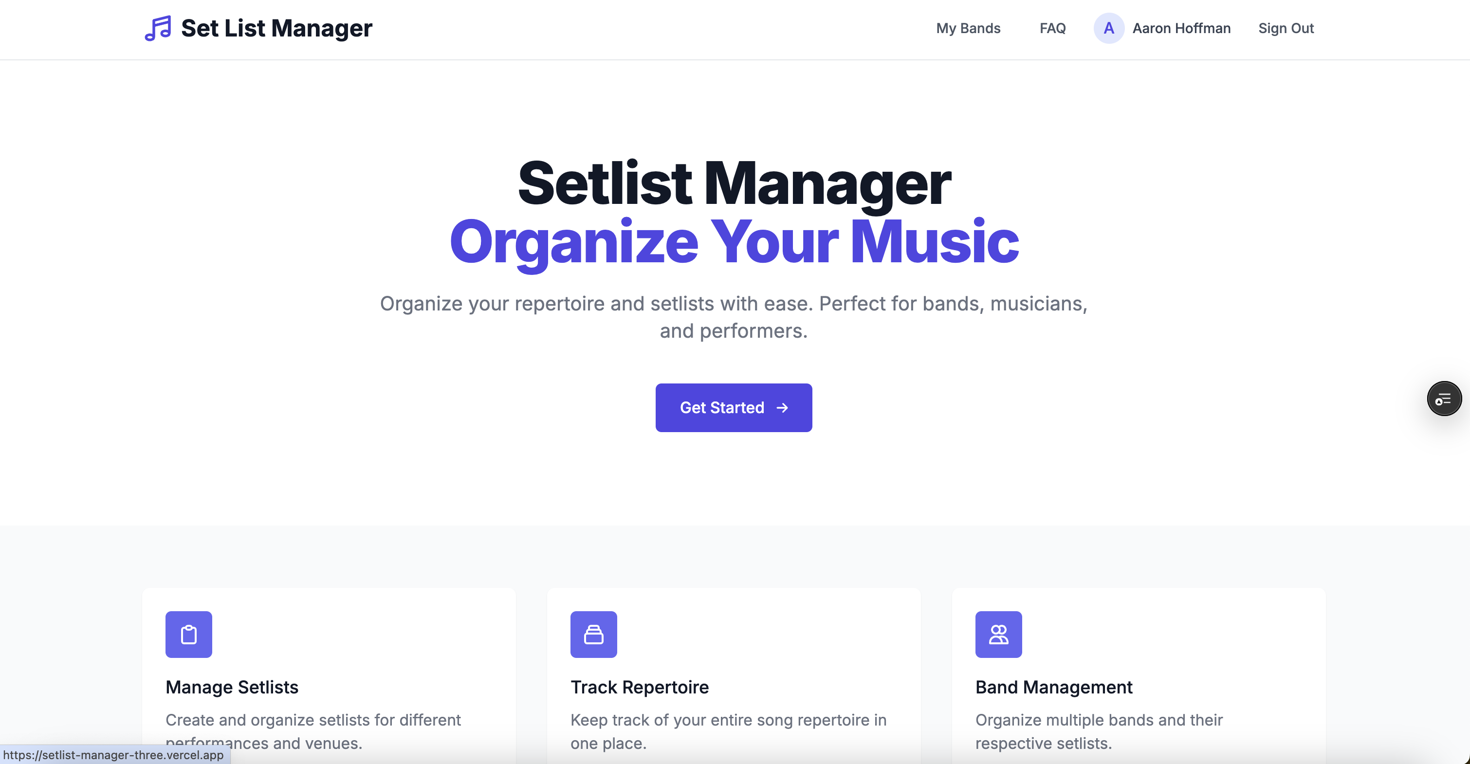 Screenshot of the setlist manager app